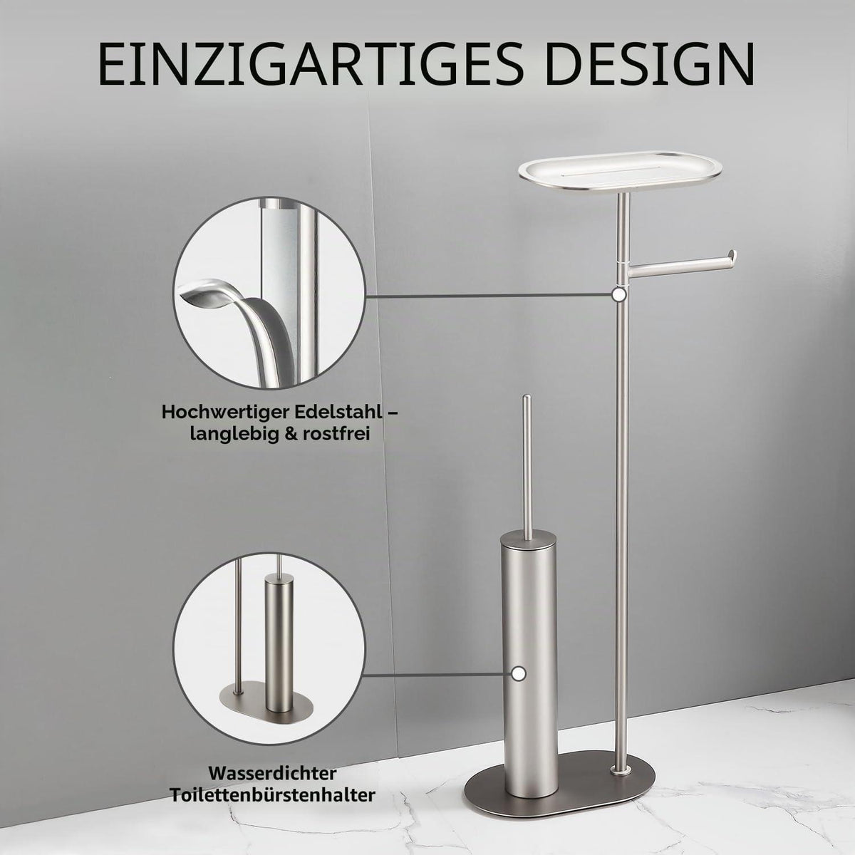 Freistehendes WC-Bürsten-Set Edelstahl gebürstet Nickel 3-in-1