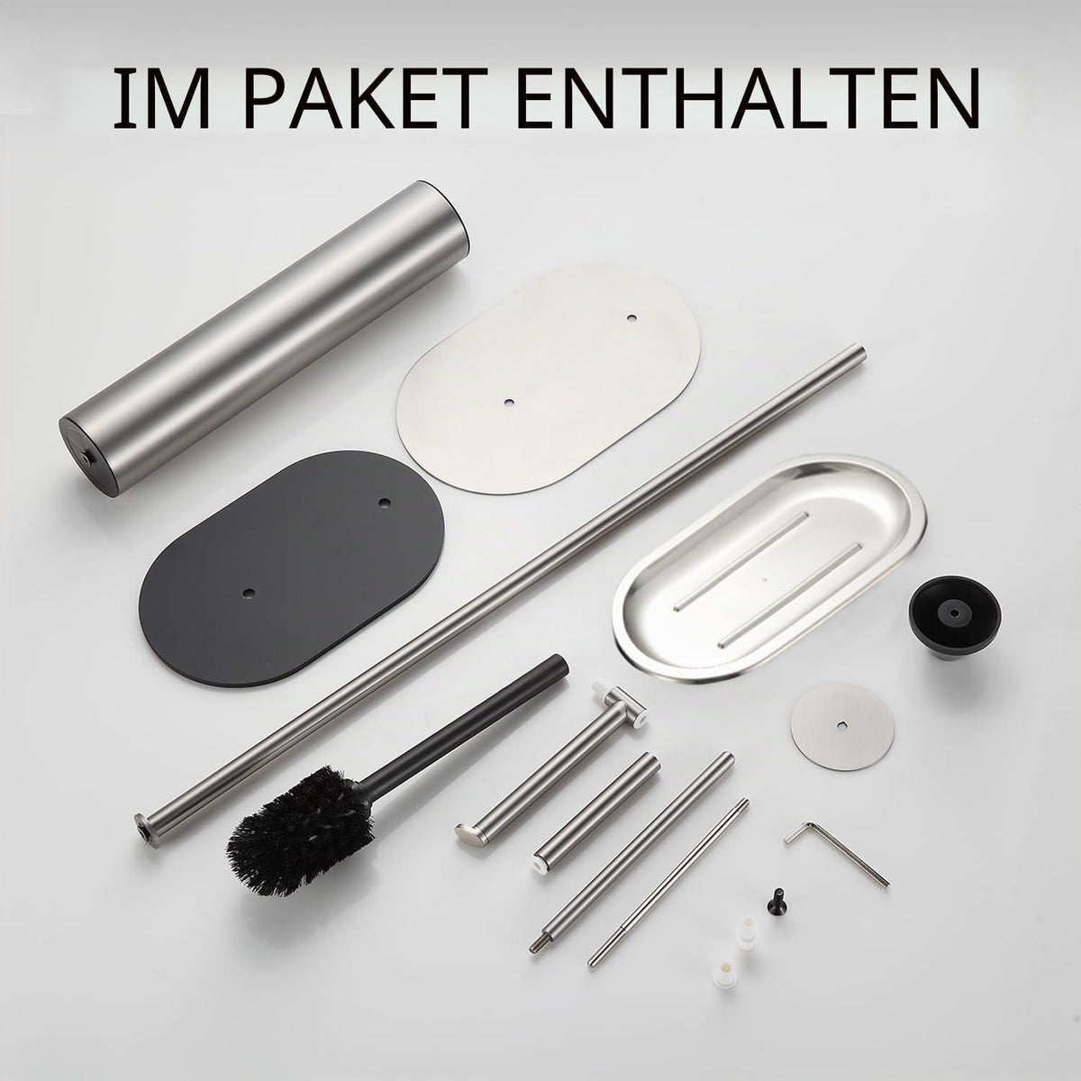 Freistehendes WC-Bürsten-Set Edelstahl gebürstet Nickel 3-in-1