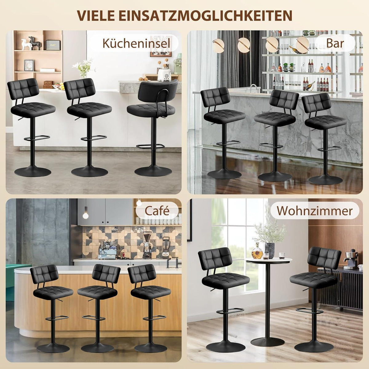 Barhocker Set 4er – Höhenverstellbar, Schwarz in Lederoptik