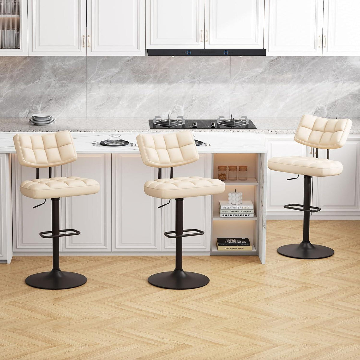 Barhocker Set 4er – Höhenverstellbar, Beige in Lederoptik