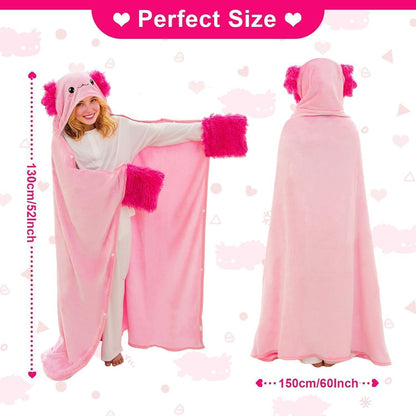 Tragbare Hoodie-Decke mit Kapuze und Handschuhen – Axolotl Kuscheldecke