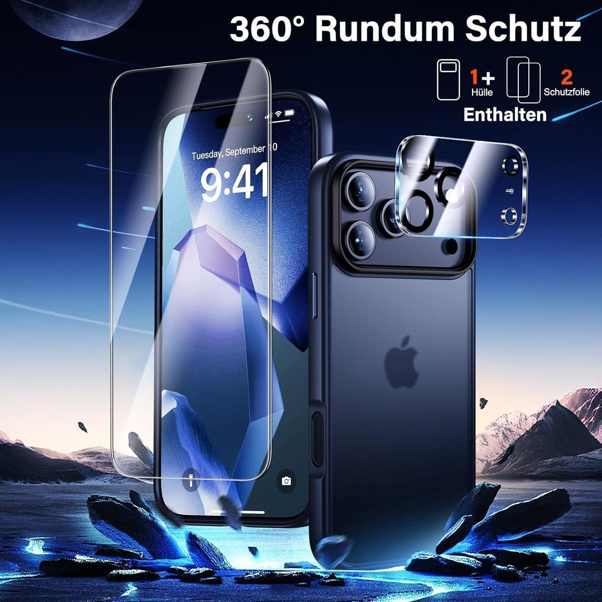 iPhone 17 Pro Hülle Set mit 2x Schutzfolie, Matt Blau