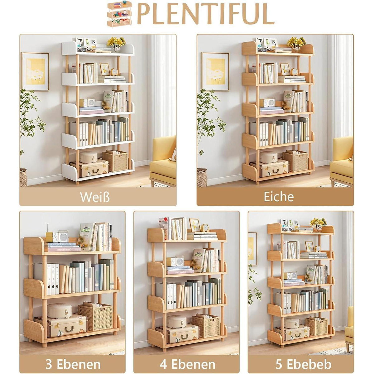5-Ebenen Bücherregal Eiche - Modernes Holzregal für Wohnzimmer