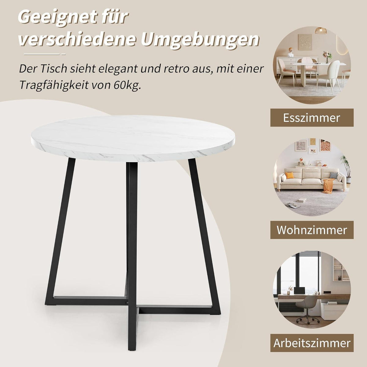 Runder Esstisch mit Marmor-Muster & Metallgestell – Modern & Stabil