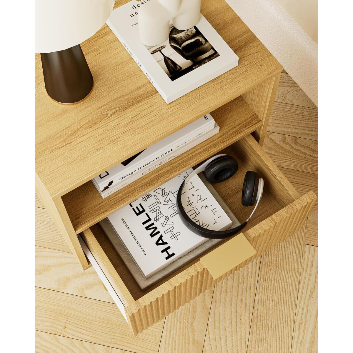 Nachttisch mit Schublade und Ablage, modern, Eiche