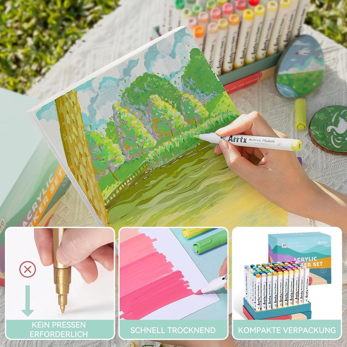 60 Acrylmarker Set Pinselspitze Wasserfest für Malen & Basteln