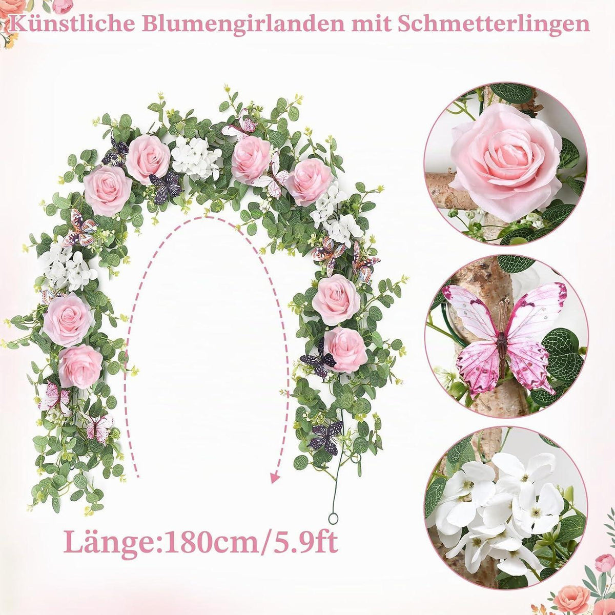 2x 1,8m Eukalyptus Girlande Rosa Rosen Deko Hochzeit