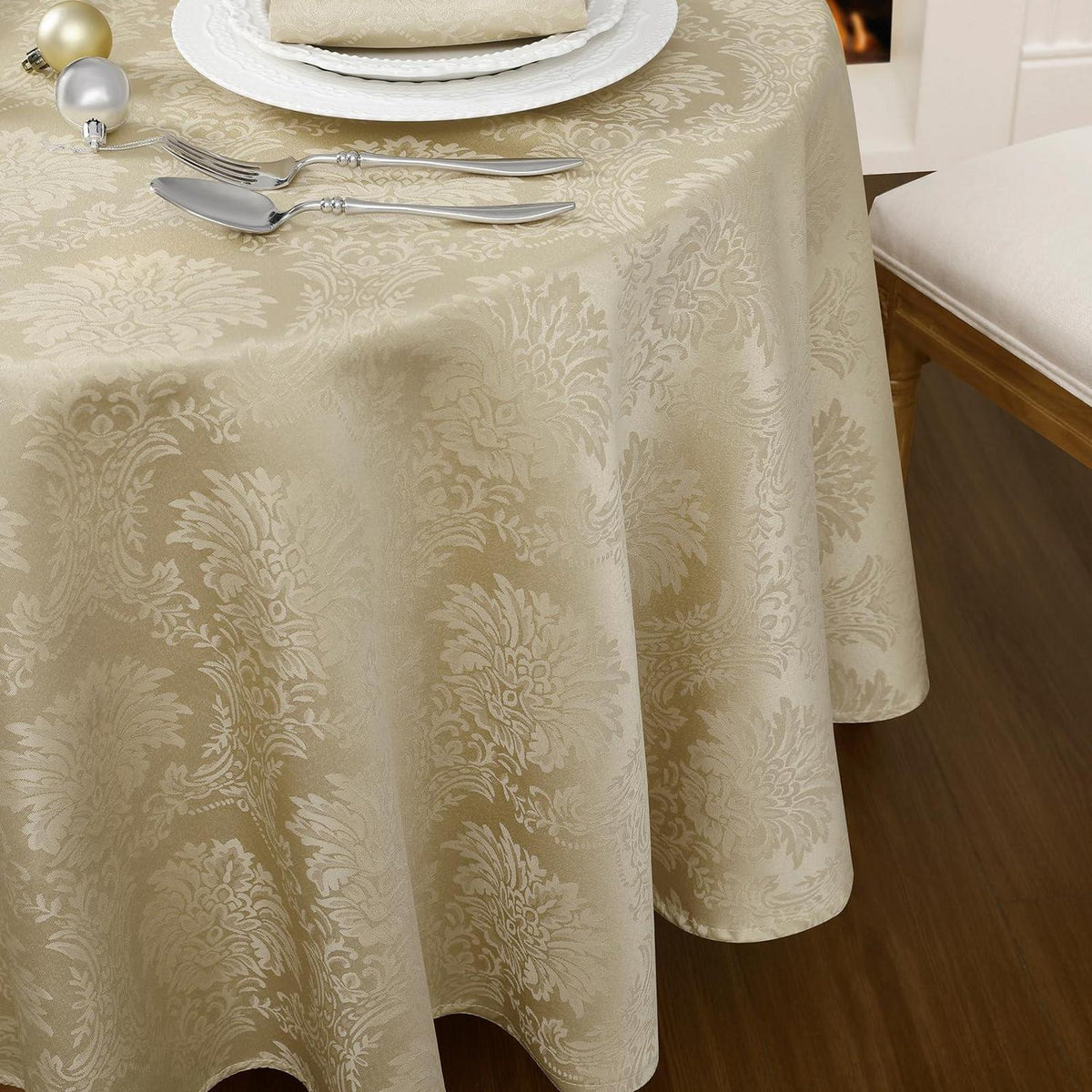 Runde Tischdecke Beige 160cm – Wasserabweisend, Vintage Jacquard