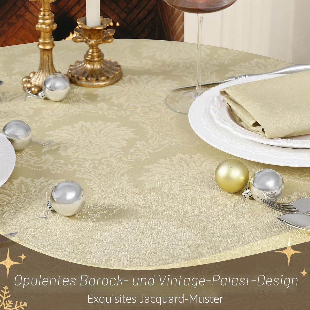 Runde Tischdecke Beige 160cm – Wasserabweisend, Vintage Jacquard