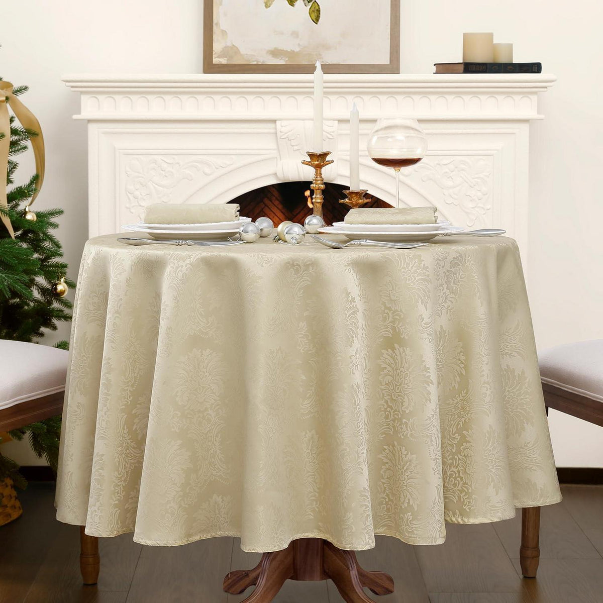 Runde Tischdecke Beige 160cm – Wasserabweisend, Vintage Jacquard