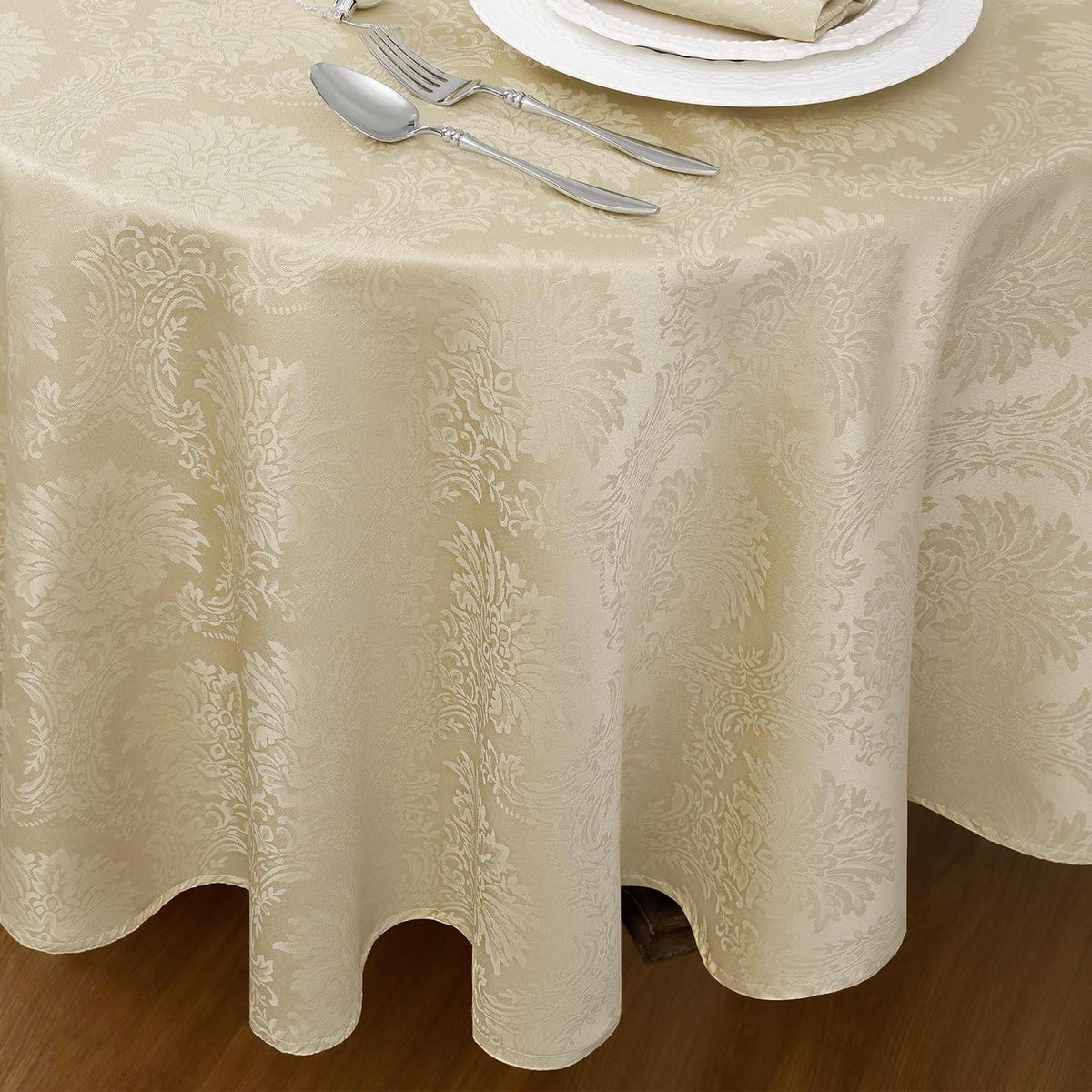 Runde Tischdecke Beige 160cm – Wasserabweisend, Vintage Jacquard