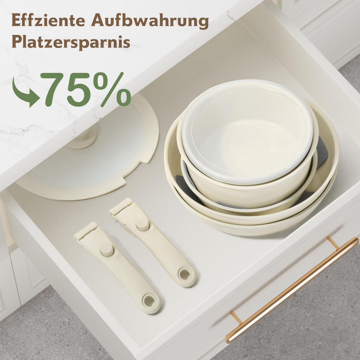 16-teiliges Antihaft-Kochgeschirr Set Beige – Abnehmbarer Griff