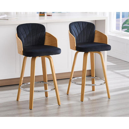 Barhocker 2er Set mit Samtbezug & Holzbeinen – Schwarz