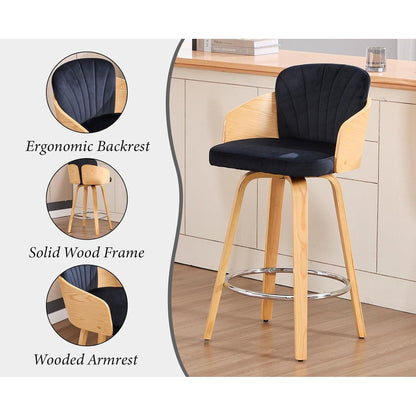 Barhocker 2er Set mit Samtbezug & Holzbeinen – Schwarz