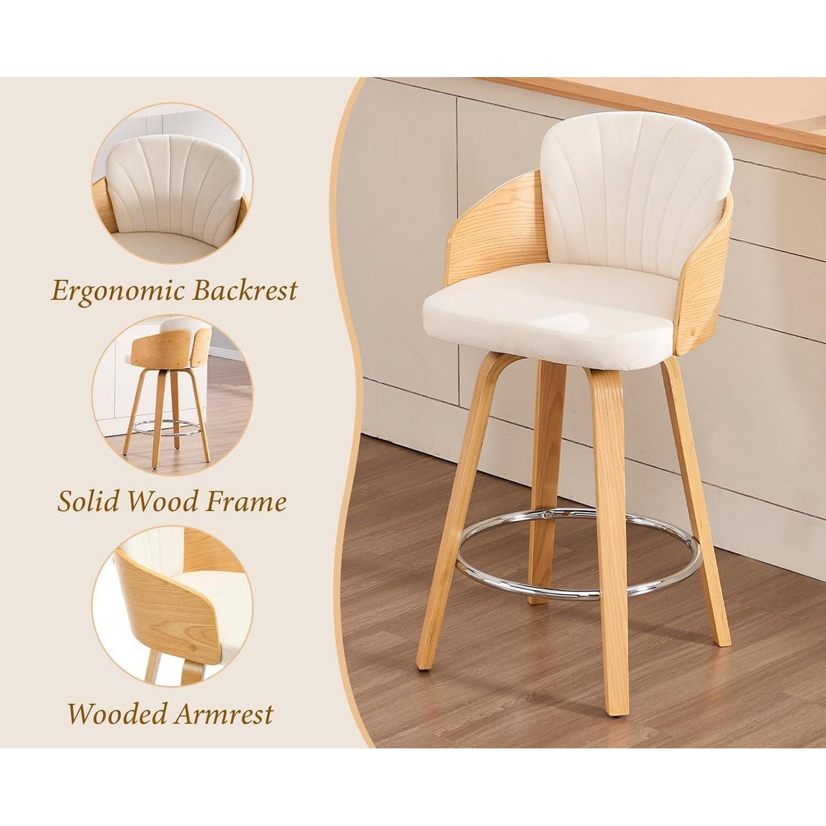 Barhocker 2er Set mit Samtbezug & Holzbeinen – Beige