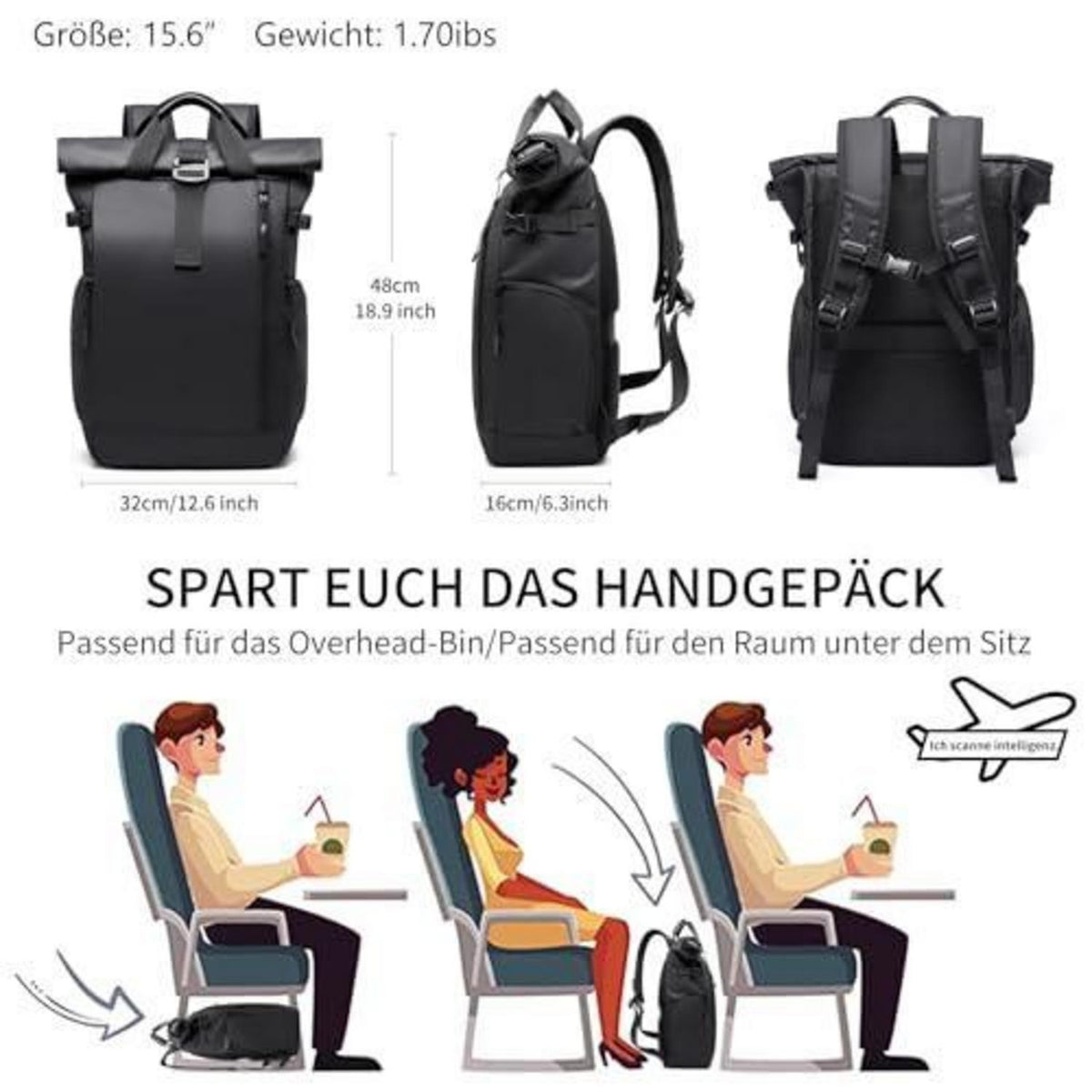 Rolltop Rucksack Schwarz Wasserdicht mit Laptopfach 16 Zoll