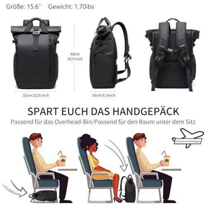 Rolltop Rucksack Schwarz Wasserdicht mit Laptopfach 16 Zoll