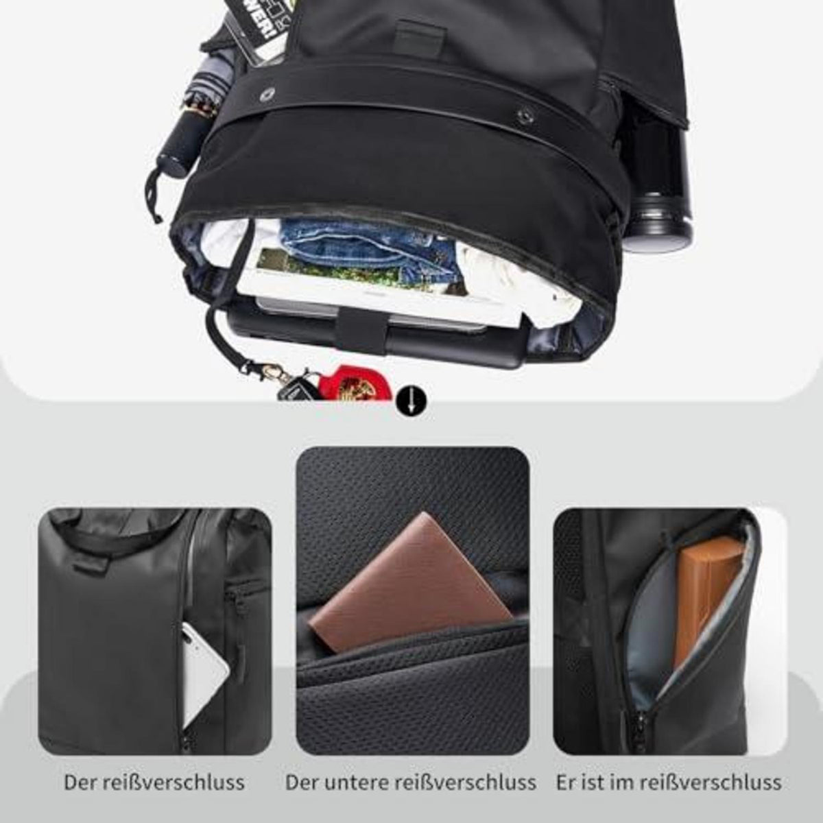 Rolltop Rucksack Schwarz Wasserdicht mit Laptopfach 16 Zoll
