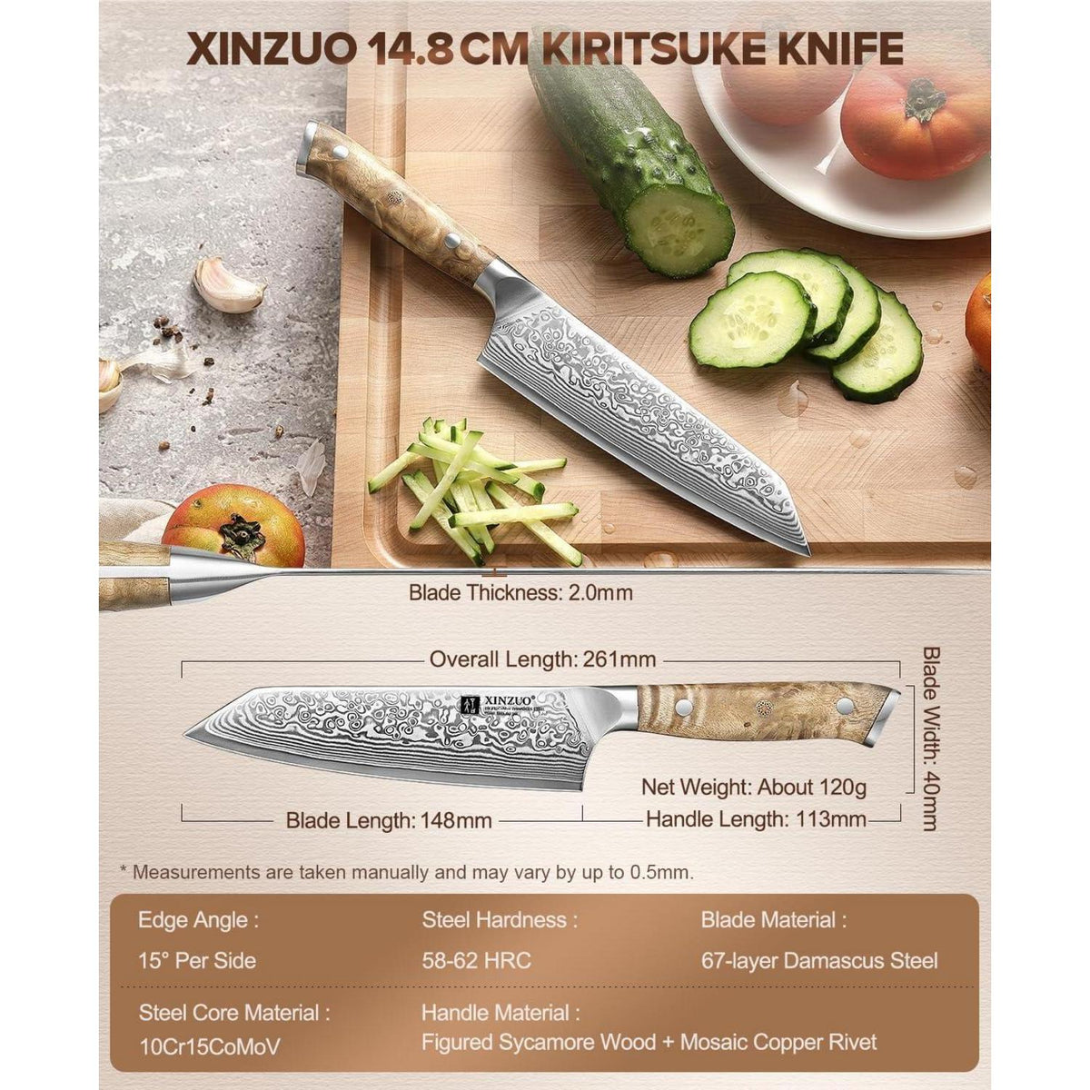 Kiritsuke Kochmesser Damaststahl 14,8cm mit Bergahornholzgriff