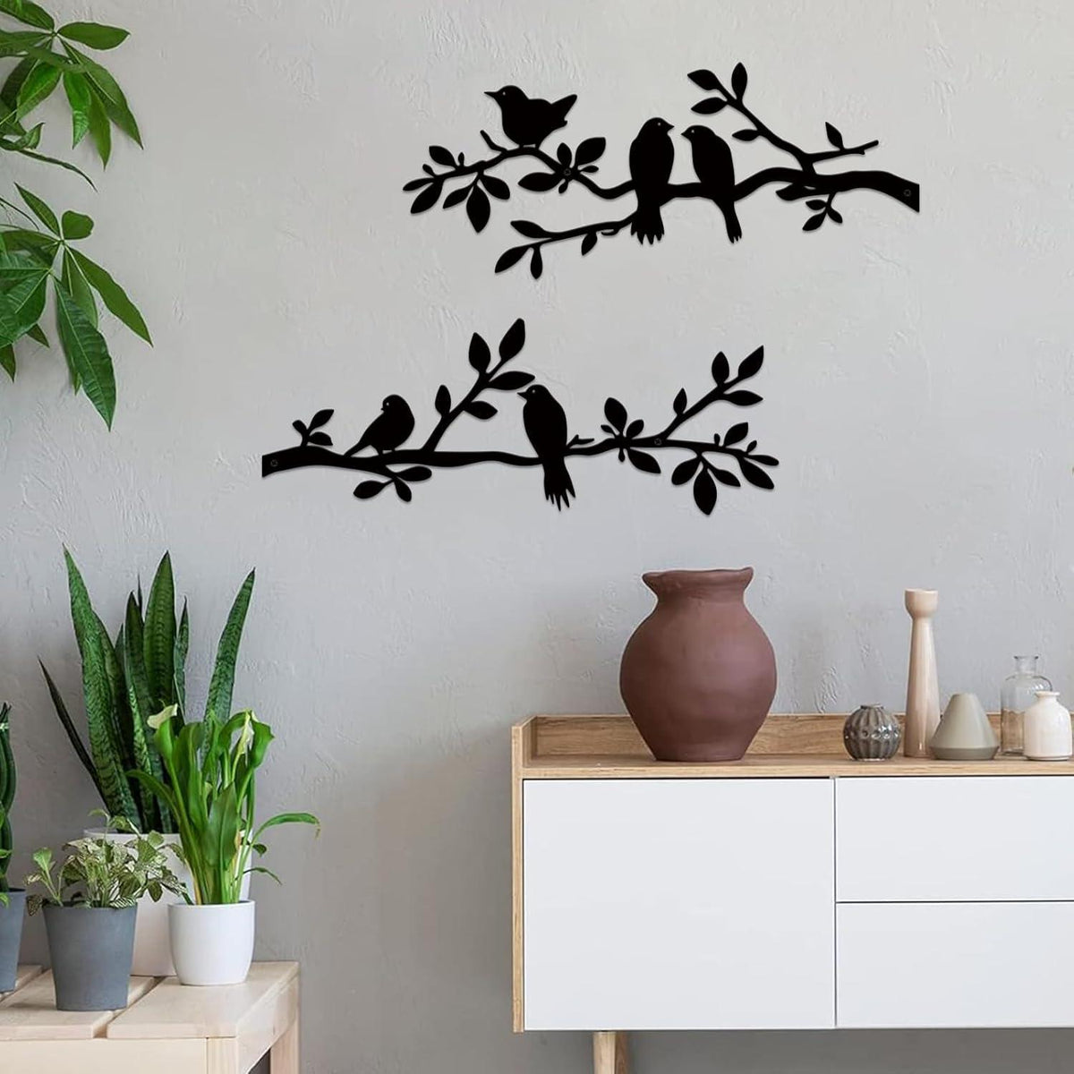 Metall Wanddeko Vögel auf Ast, 2er Set, Schwarz