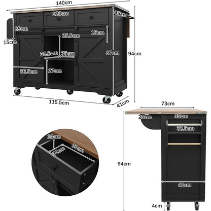 Kücheninsel mit Ausziehtisch & Schiebetüren, Schwarz