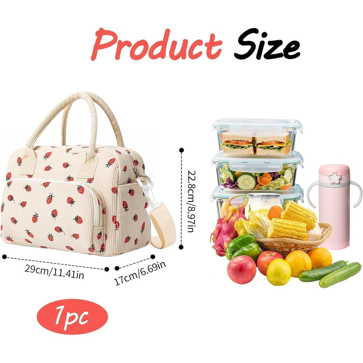 Isolierte Kühltasche Erdbeer-Design – Lunchtasche für Arbeit & Reisen