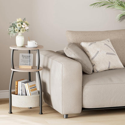 Runder Beistelltisch mit Stoffkorb – Kleiner Couchtisch Grau