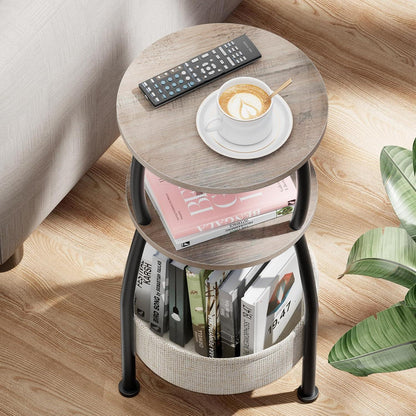 Runder Beistelltisch mit Stoffkorb – Kleiner Couchtisch Grau