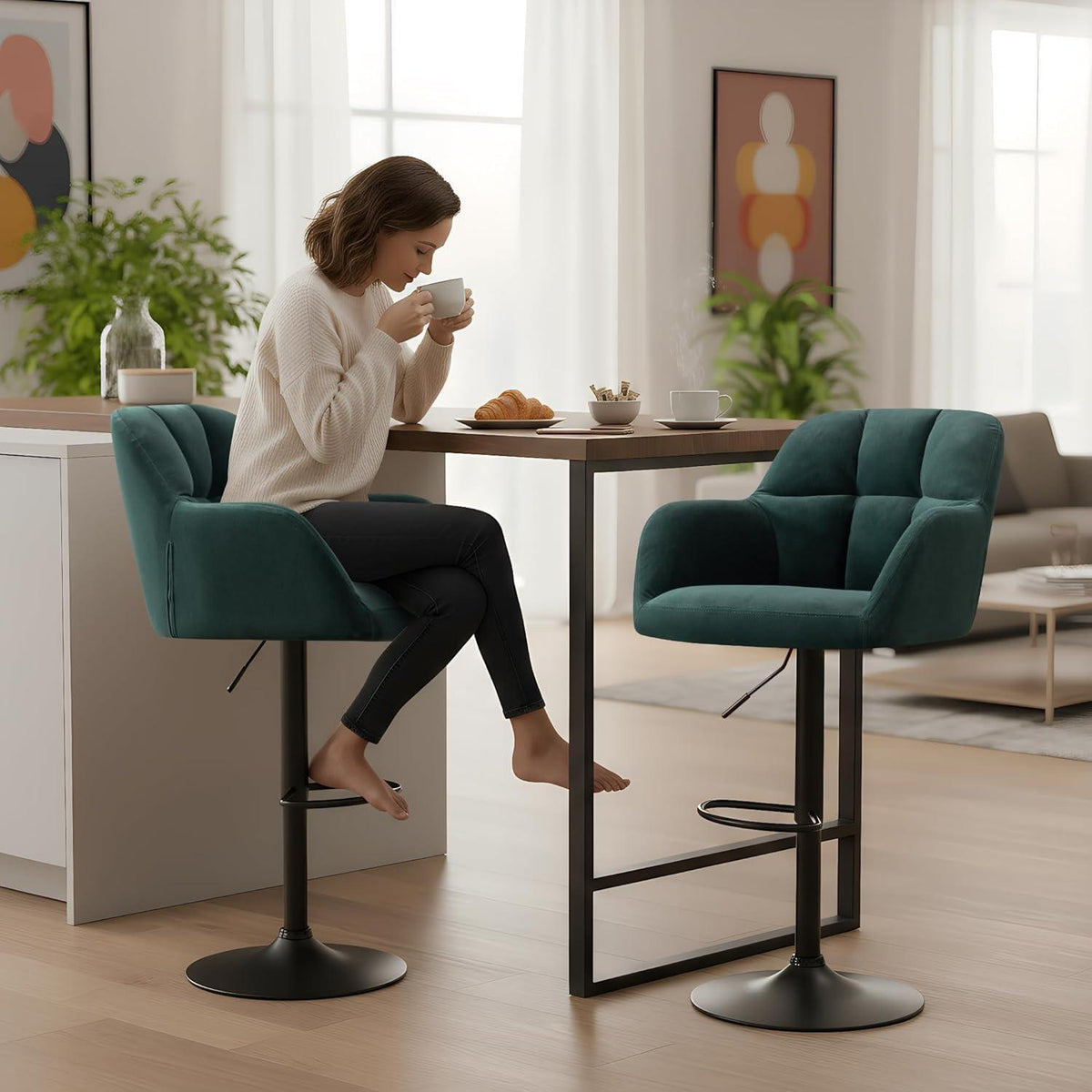 Barhocker Set 2er – Samt, Höhenverstellbar, Grün