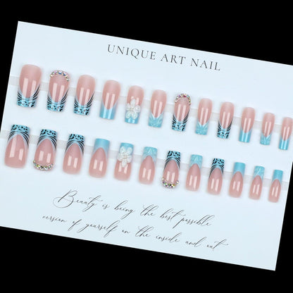 Blaue Press On Nails – Lange, Square French mit Blumen & Strass