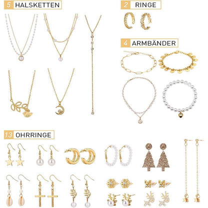 Adventskalender Schmuck Set Gold für Damen & Mädchen