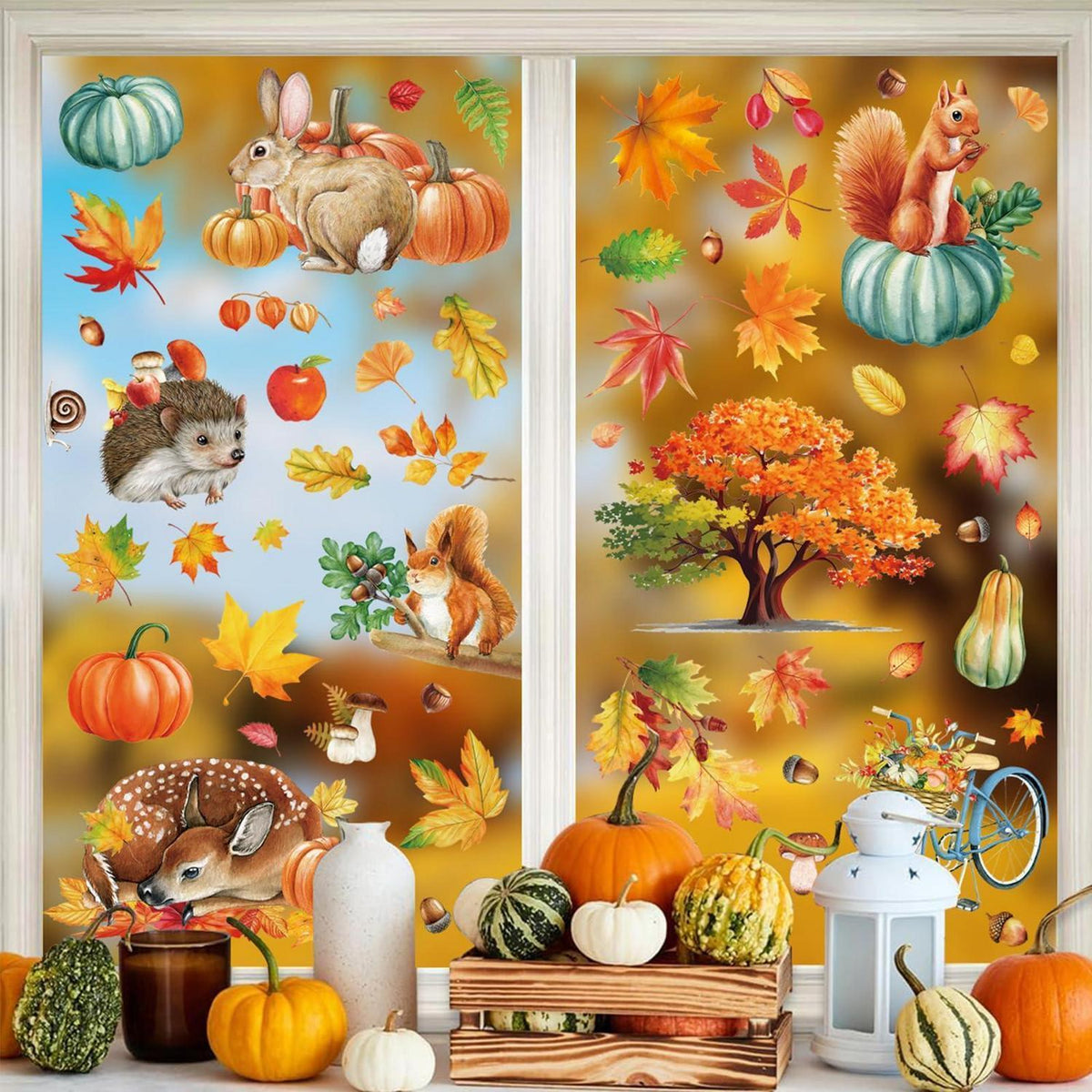 Herbst Fensterbilder Thanksgiving Deko – 84 Stück Ahornblätter & Kürbis