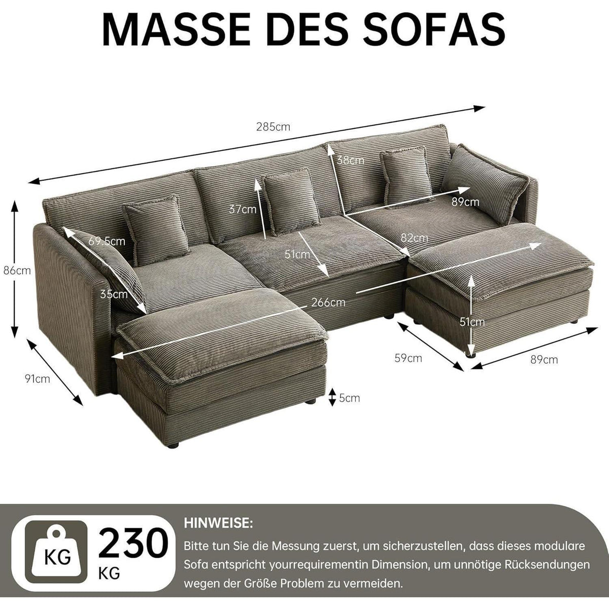 Graues Ecksofa mit Schlaffunktion & Cordbezug – 285cm