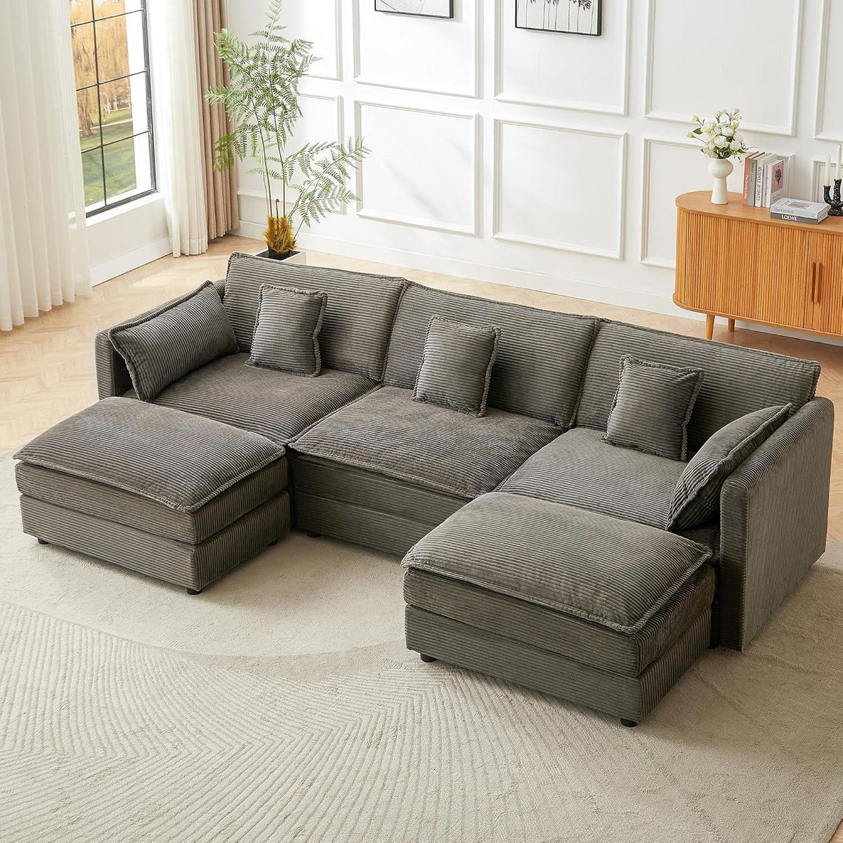 Graues Ecksofa mit Schlaffunktion & Cordbezug – 285cm