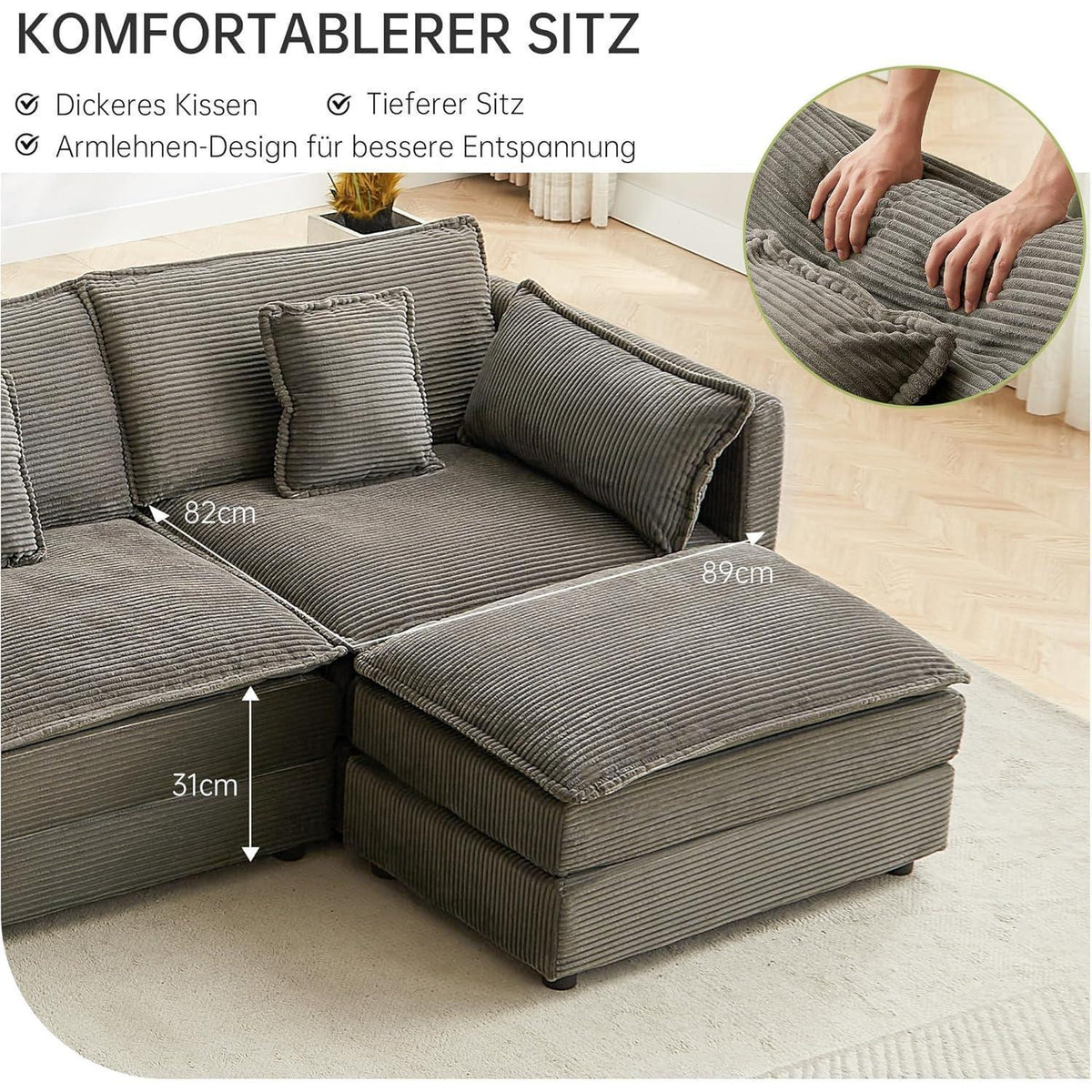 Graues Ecksofa mit Schlaffunktion & Cordbezug – 285cm