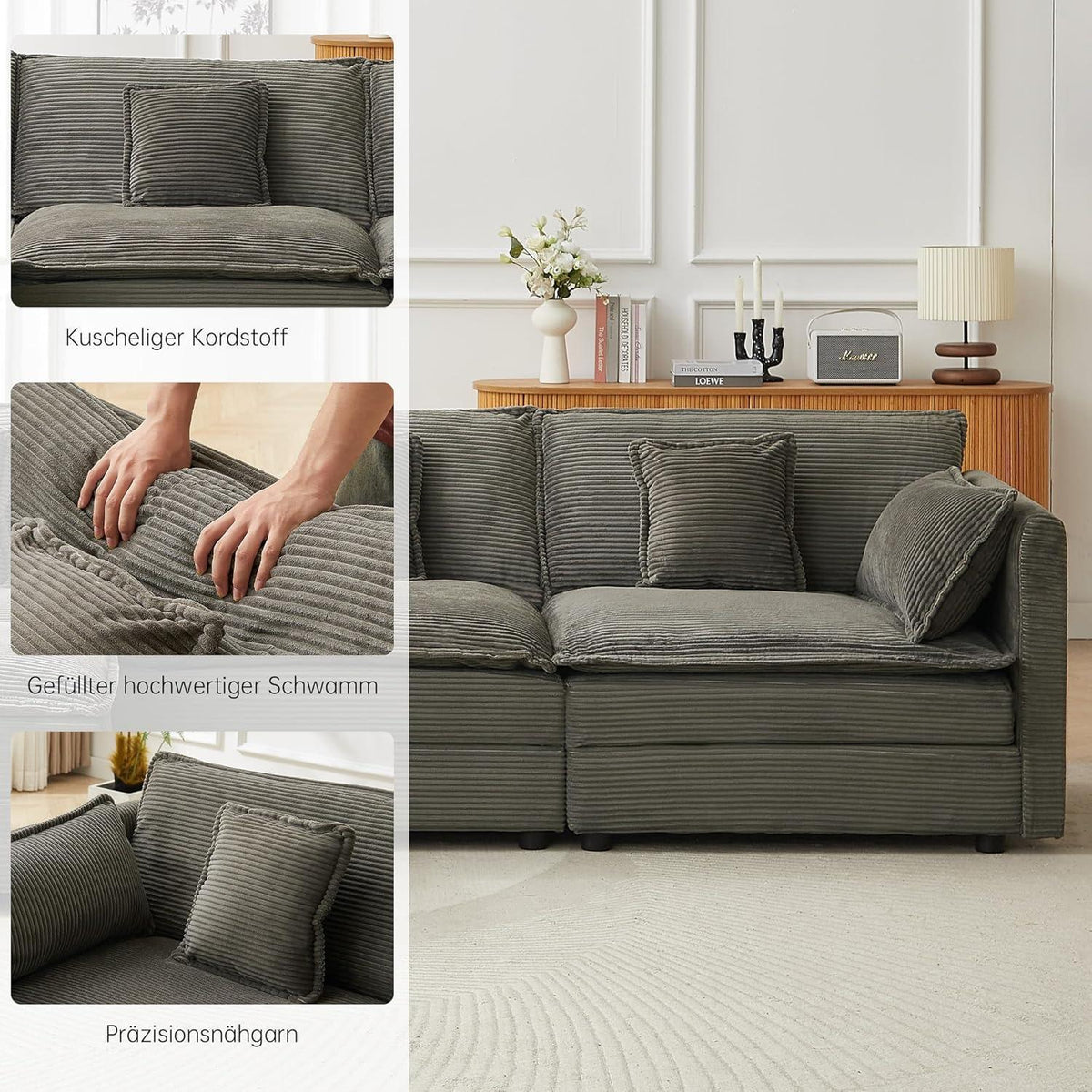 Graues Ecksofa mit Schlaffunktion & Cordbezug – 285cm