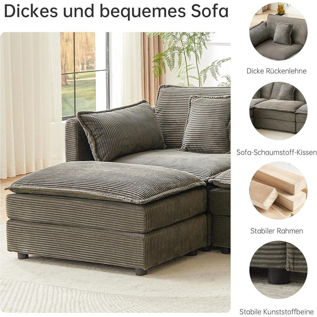 Graues Ecksofa mit Schlaffunktion & Cordbezug – 285cm