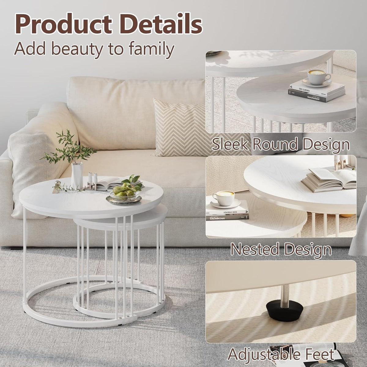 Runde Couchtische 2er-Set Metallrahmen Weiß 60cm