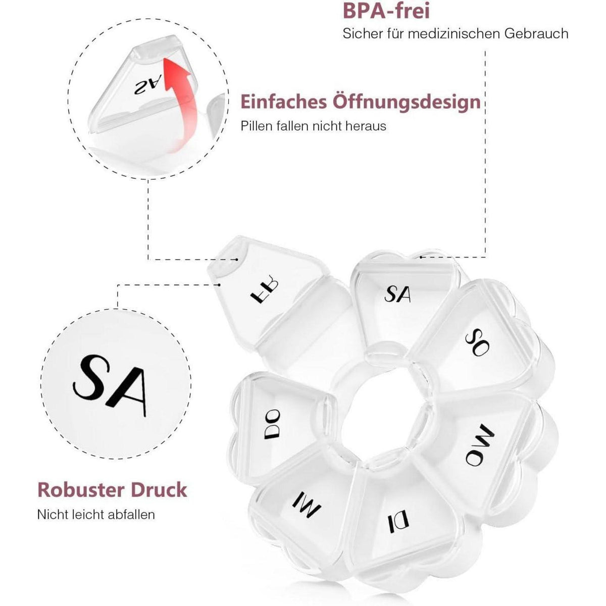 Pillendose Herzform 7 Fächer für die Woche Weiß