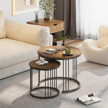 Runde Couchtische 2er-Set, Beistelltisch mit Metallrahmen, Rustic Brown