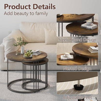 Runde Couchtische 2er-Set, Beistelltisch mit Metallrahmen, Rustic Brown