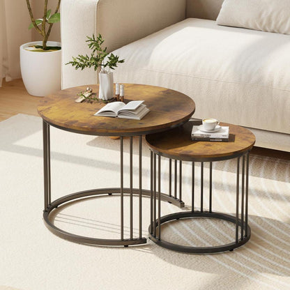 Runde Couchtische 2er-Set, Beistelltisch mit Metallrahmen, Rustic Brown