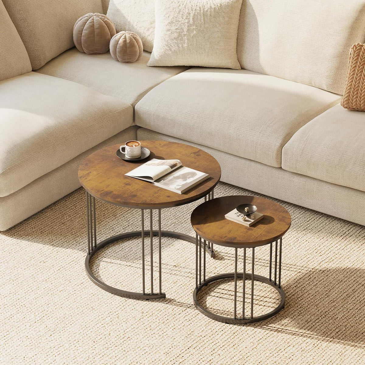 Runde Couchtische 2er-Set, Beistelltisch mit Metallrahmen, Rustic Brown