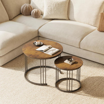 Runde Couchtische 2er-Set, Beistelltisch mit Metallrahmen, Rustic Brown