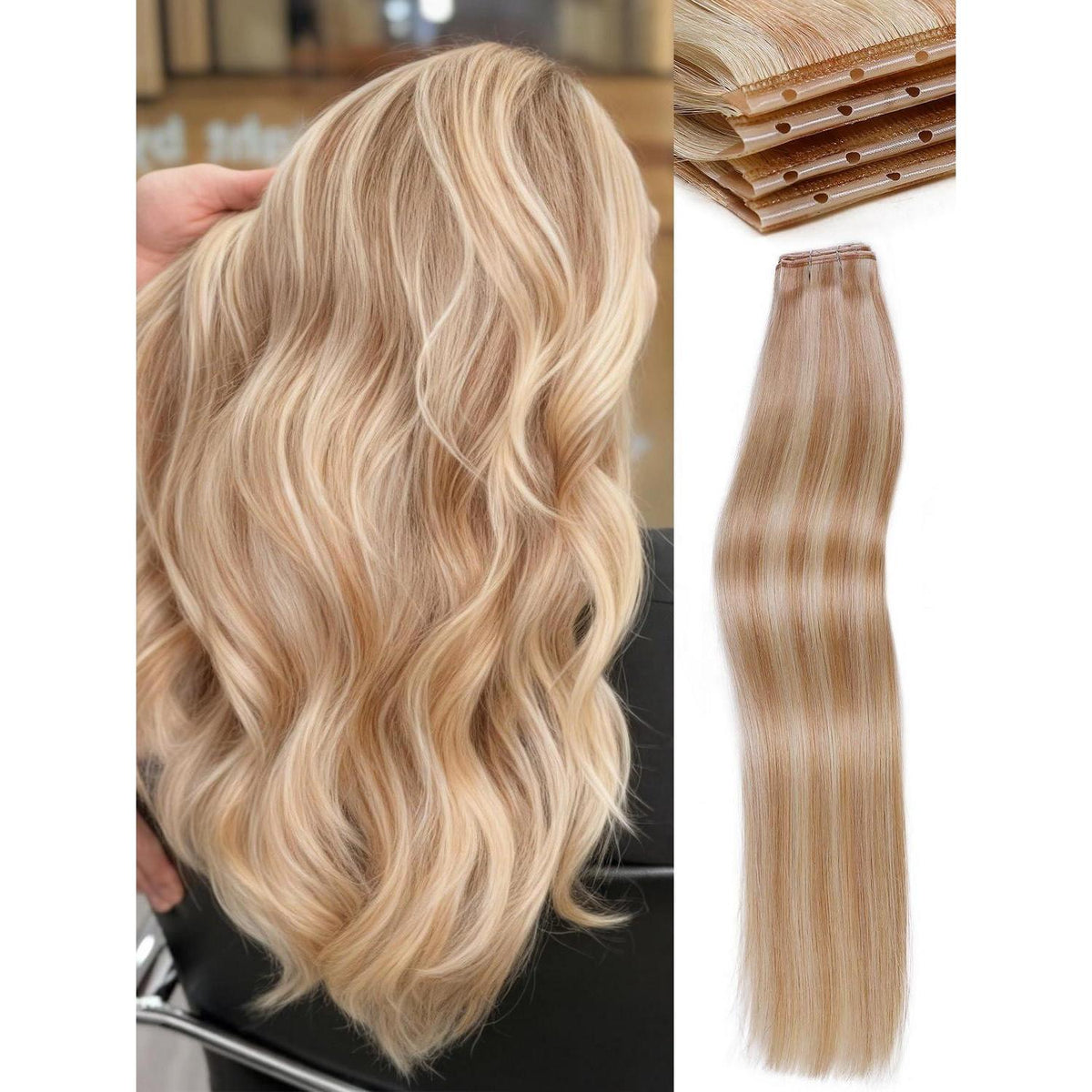 Echthaar Extensions 51 cm Erdbeerblond mit Strähnchen