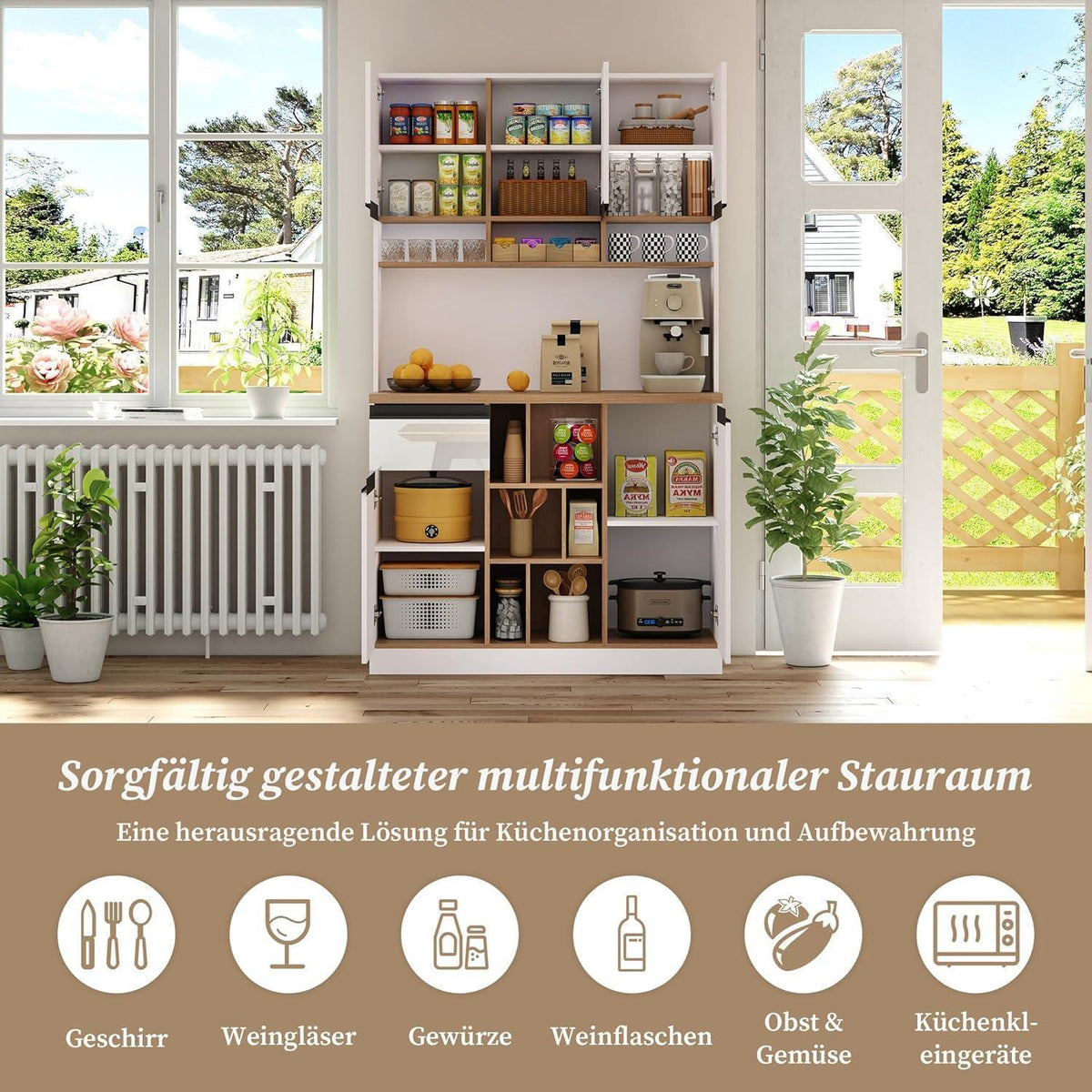 Moderner Küchenschrank Weiß – Sideboard mit Regalen & Schubladen