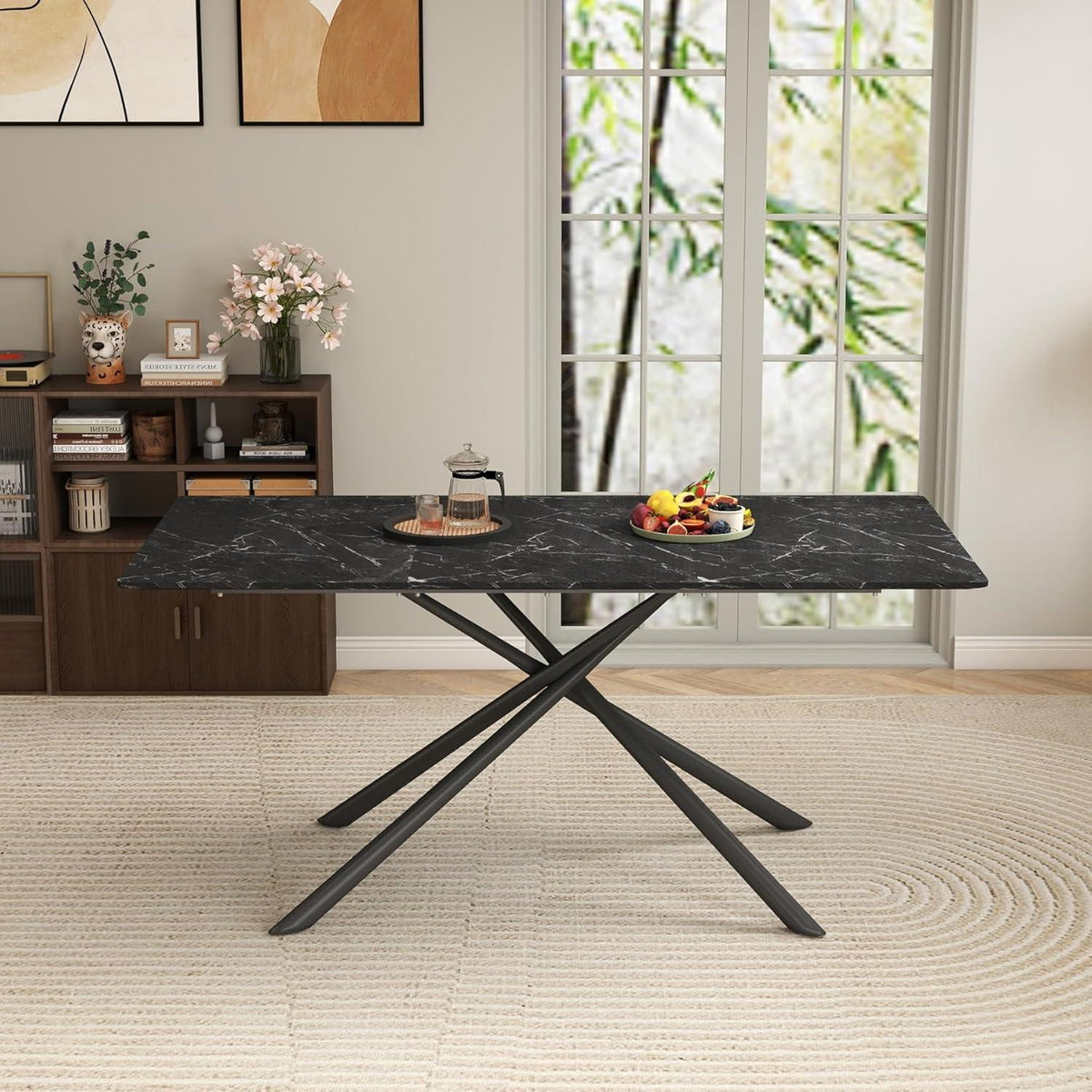 Rechteckiger Esstisch Set 180cm mit 4 Stühlen Schwarz Holzfarben