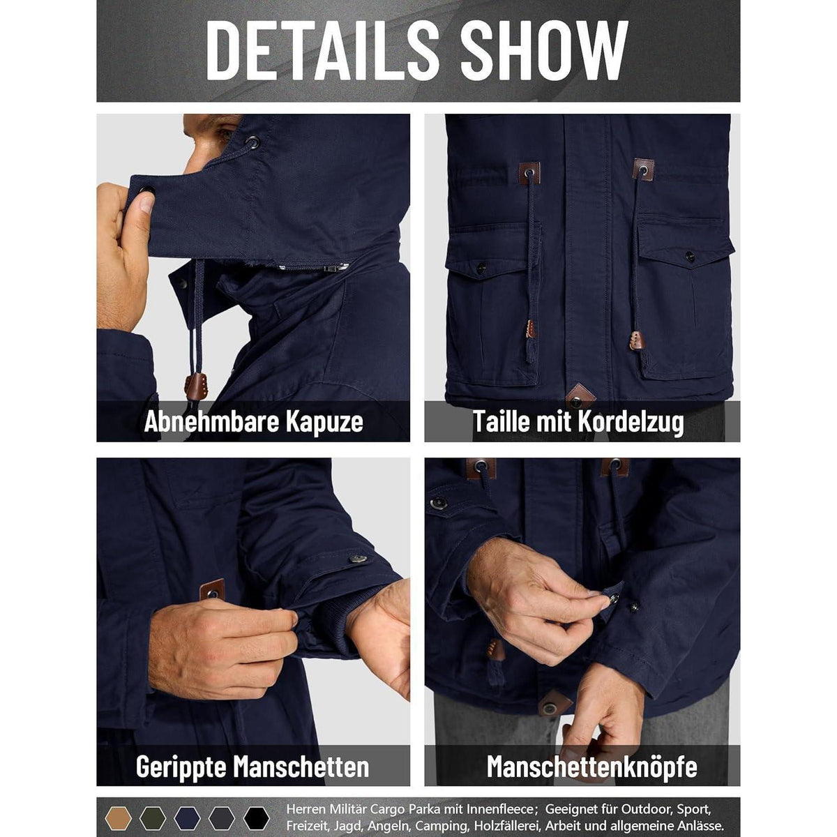 Herren Winterjacke gefüttert Fleece Parka Dunkelblau