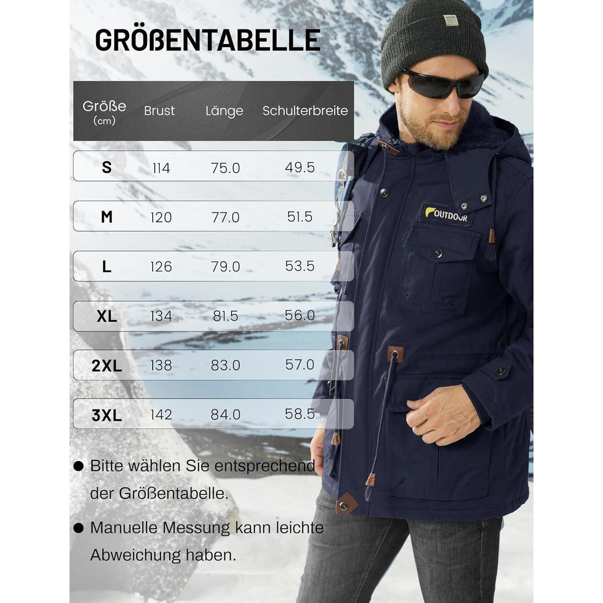 Herren Winterjacke gefüttert Fleece Parka Dunkelblau
