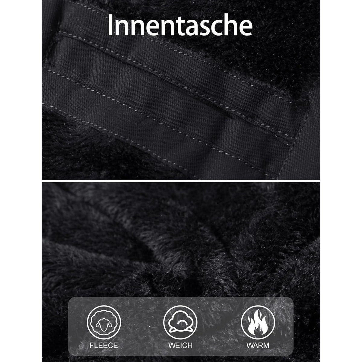 Herren Winterjacke gefüttert Fleece Parka mit Kapuze Schwarz L